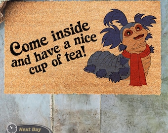 Come Inside And Have A Nice Cup Of Tea Doormat, Labyrinth Welcome Mat, Ello Worm Doormat, Coir Mat, Home Decor, Housewarming Family Gift