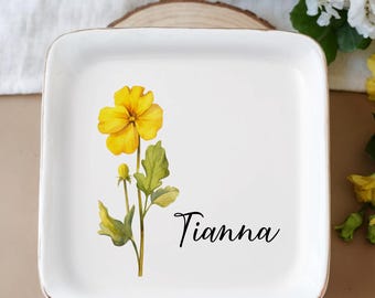 Custom Birth Flower Trinket Dish, Flower Ring Dish, Jewelry Dish, Wedding Bridesmaid Gift, Birthflower Gift, Custom Gift, Gift For Her