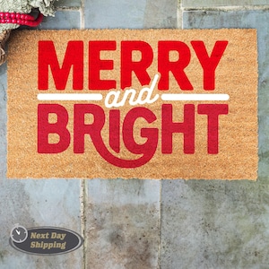 Merry And Bright Doormat, Christmas Porch Decor, Front Door Decor, Holiday Decoration, Xmas Gift, Christmas Home Decor, Coir Doormat