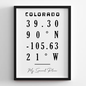 May include: Black and white print with the text "COLORADO" and the coordinates "39.30 90° N -105.63 21° W". The text "My Special Place" is written in cursive at the bottom of the print.