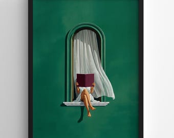 May include: A framed wall art print featuring a deep green wall with an arched window. A person in a white garment sits on the window ledge, holding an open dark purple book. A sheer white curtain blows inward through the open window frame.
