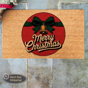 Merry Christmas Welcome Mat, Holiday Doormat, Closing Gift, Home Doormat, Home Decor, Outdoor Doormat, Front Porch Decor, Ribbow Doormat