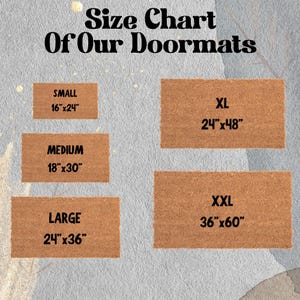 Pode incluir: Tabela de tamanhos para tapetes de porta em quatro tamanhos: pequeno (16" x 24"), m&eacute;dio (18" x 30"), grande (24" x 36") e extra grande (36" x 60").