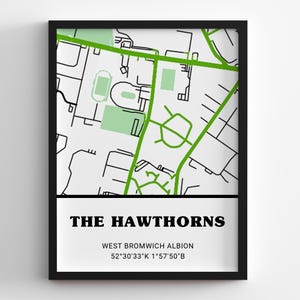 May include: A black and white map of The Hawthorns, the home stadium of West Bromwich Albion Football Club. The map highlights the stadium and surrounding area in green.