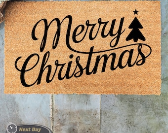 Merry Christmas Doormat, Holiday Coir Welcome Mat, XMAS Decor
