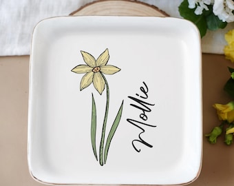 Custom Birth Flower Ring Dish, Flower Ring Dish, Jewelry Dish, Wedding Bridesmaid Gift, Birthflower Gift, Birthday Gift, Bridal Shower Gift