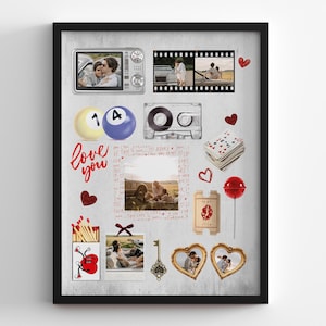 May include: A framed collage with romantic elements. Includes photos, a cassette tape, playing cards, a lollipop, and heart-shaped accents. The words "love you" are written in red script. A vintage key and heart-shaped frames complete the design.