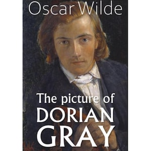 Peut inclure: Couverture de livre avec le titre "The Picture of Dorian Gray" d'Oscar Wilde. Elle présente un portrait d'un homme aux cheveux auburn, vêtu d'un costume sombre et d'une chemise blanche.