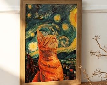 Van Gogh Cat Print Poster, Van Gogh Art Print, Starry Night Over The Rhone, Van Gogh Print, Cat Wall Art, Van Gogh Cat Art, Cat Poster