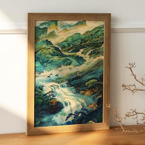 Hokusai Ukiyo-e Japanese Waterfall Wall Art, Modern Living Room Wall Decor, Printable Wall Art, Framed Print, Home Gift, Japanese Home Decor