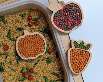Farm Harvest Theme Mini Wood Sensory Trays for Play and Learning (Pumpkin, Apple, Carrot)