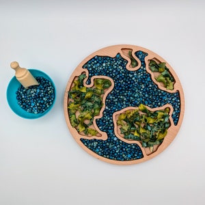 Sensory play tray, earth sensory bin tray, wood sensory boards, creative learning toys, montessori kids toys, planet tray for sensory play
