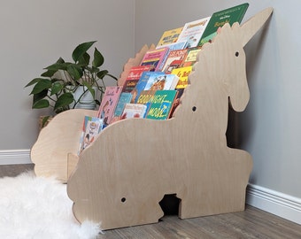 Kids bookshelf montessori, child bookshelf, wood bookshelf, low bookshelf, baby girl bookshelf, unicorn kid bookshelf, fantasy bookshelf