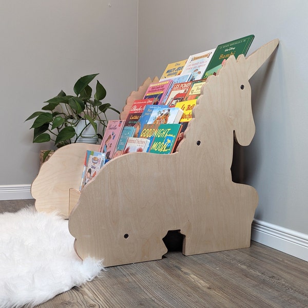 Kids bookshelf montessori, child bookshelf, wood bookshelf, low bookshelf, baby girl bookshelf, unicorn kid bookshelf, fantasy bookshelf