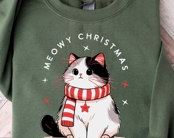 Meowy Christmas Sweatshirt, Cat Christmas Sweater, Cat Lover Xmas T-Shirt, Christmas Cat Mom Crewneck, Catmas Gift For New Year, Xmas Hoodie