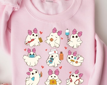 Pink Ghost Nurse Sweatshirt, Spooky Nurse Sweater, Nurse Halloween Matching, Halloween Party Tshirt, Halloween Gifts, Cute Ghost Nurse Shirt
