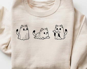Halloween Sweatshirt, Cute Cat Sweatshirt, Cute Cat Ghost Shirt, Ghost Cat Tshirt, Spooky Season Gift, Cool Halloween Cat Shirt