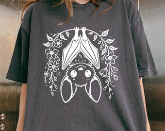Komfortfladdermusskjorta, upp och nervänd fladdermus-t-shirt, retro höst-Halloween-estetisk tröja, rolig Halloween-present, gotisk Halloween-skjorta för kvinnor