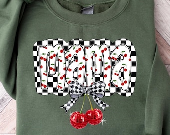 Bluza z kokardą Cherry Coquette Mama, koszulka Retro Comfort Mama, koszulka na Dzień Matki, prezent dla mamy Cherry Lover, bluza z okrągłym dekoltem na Dzień Matki