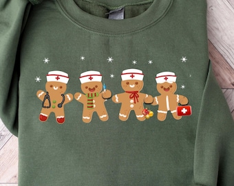 Sudadera navideña de pan de jengibre, suéter navideño de enfermera, cuello redondo con ambiente navideño, regalo de Navidad para enfermeras, camiseta de enfermera de pan de jengibre