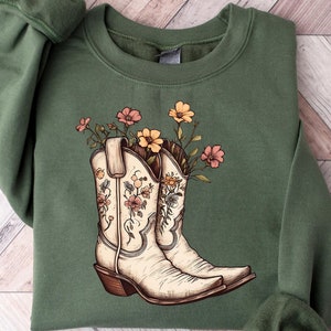 Western Sweatshirt, Cowboy Boots Tshirt, Western Rodeo Shirt, Retro Cowgirl Crewneck, Ranch Girl Outfit, Floral Cowboy Boots Tee, Rodeo Gift