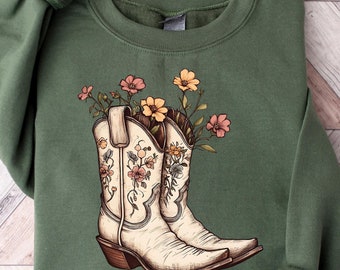 Western Sweatshirt, Cowboy Boots Tshirt, Western Rodeo Shirt, Retro Cowgirl Crewneck, Ranch Girl Outfit, Floral Cowboy Boots Tee, Rodeo Gift
