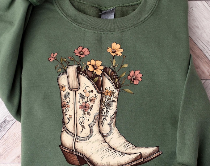 Western Sweatshirt, Cowboy Boots Tshirt, Western Rodeo Shirt, Retro Cowgirl Crewneck, Ranch Girl Outfit, Floral Cowboy Boots Tee, Rodeo Gift
