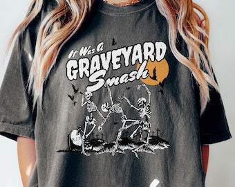 Retro Skeleton Halloween Comfort Tshirt, Trendy Fall Tee, Spooky Season, Graveyard Smash Shirt, Oversized Halloween Tshirt