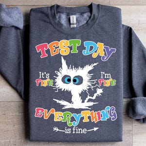 Op de afbeelding: Een donkergrijze sweatshirt met de tekst "TEST DAY" in kleurrijke letters. Daaronder staat een witte cartoonkat met grote blauwe ogen en de zin "It's fine, I'm fine, everything is fine." De sweatshirt heeft een fleece voering.
