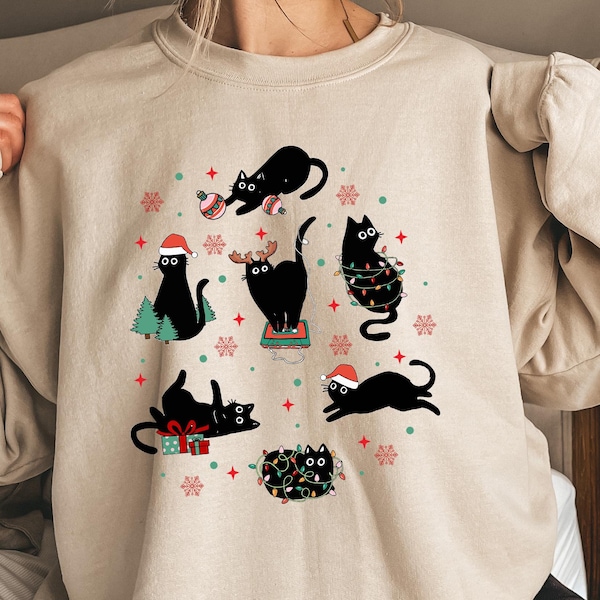 Christmas Black Cat Sweatshirt, Black Cat Christmas Tshirt, Kitten Christmas Shirt, Cat Lover Xmas Gift, Cat Mom Holiday Hoodie