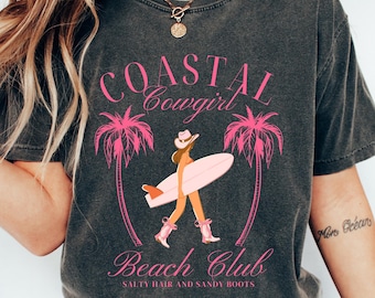 Retro Comfort Coastal Cowgirl T-shirt, Funny Surfer Shirt, Summer Holiday Gift, Western Beach Vibes Tee, Country Girl Beach Outfit