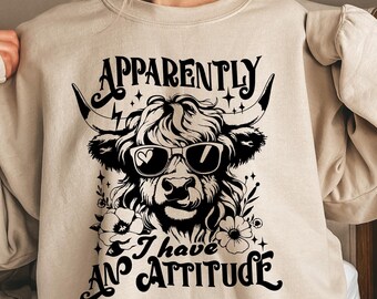 Camiseta Aparentemente tengo una actitud, camiseta divertida de vaca de las tierras altas para adultos, sudadera sarcástica con vaca occidental sarcástica, sudadera con capucha divertida de vida en la granja occidental