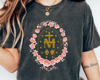 Marian Catholic T-Shirt, Virgin Mary Shirt, Catholic Gifts For Women, Catholic Sweatshirt, Marian Cross Shirt, Floral Women Religious Shirts