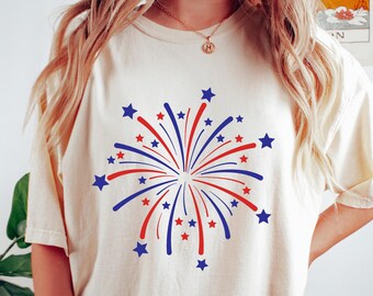 Retro Comfort Feuerwerk USA Shirt, 4. Juli T-Shirt, Unabhängigkeitstag Sweatshirt, amerikanische Frauen Geschenk, rot, weiß und blau Shirt