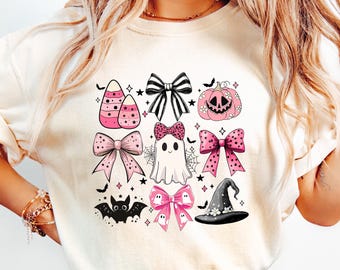 Comfort Halloween Shirt, Coquette Halloween Spooky Tshirt, Preppy Fall Shirt, Pink Girly Bow Halloween Tee, Cute Bow  Ghost Sweatshirt