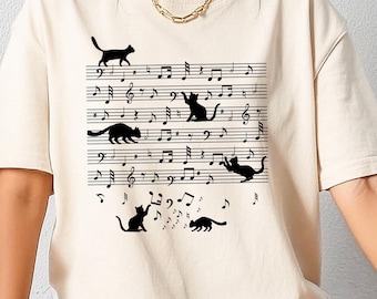 Camiseta de gato com nota musical, camiseta de professor de música, amante de gatos musicais, presente de professor de música, camiseta de escola musical, camiseta de gatinho, presente de amante de gatos
