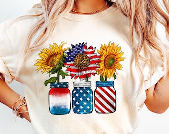 Retro Comfort America Sunflower Shirt, USA Flag T-shirt, Women's 4th Of July Gift, Red White And Blue Tee, Sunflower American Mom Shirt