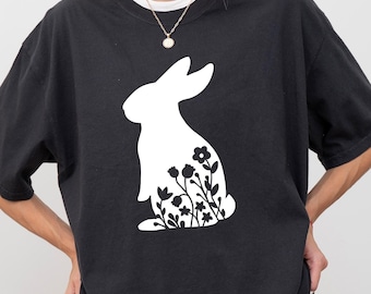 T-shirt fleuri lapin, chemise lapin de Pâques, sweat lapin de Pâques, t-shirt de Pâques pour femme, cadeau de Pâques rétro, col rond floral lapin de Pâques