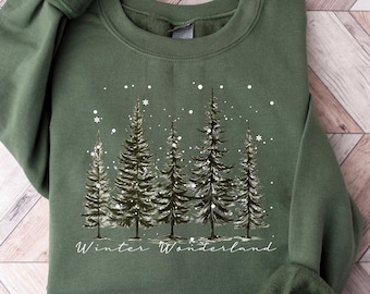 Sudadera Winter Wonderland, camiseta de cuello redondo con diseño de pino, camiseta con árboles de hoja perenne, regalo para amantes de la naturaleza, camiseta de senderismo, sudadera con diseño de naturaleza para mujer