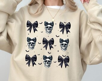 Halloween Skull Black Bow Sweatshirt, Retro Halloween Shirt, Halloween Women's Sweater, Halloween Costume, Fall Sweater, Spooky Season Gift