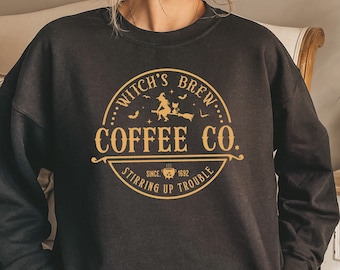 Häxor Brew Coffee Co tröja, Halloween-t-shirt, Halloween-häxälskare rund hals, rolig Halloween-tröja, Halloween-gåva