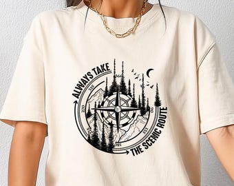 Koszulka „Zawsze wybieraj malowniczą trasę”, koszulka kempingowa, bluza z kapturem Nature Crew, koszulka Adventure Route, prezent dla miłośnika natury, koszulka z kompasem górskim