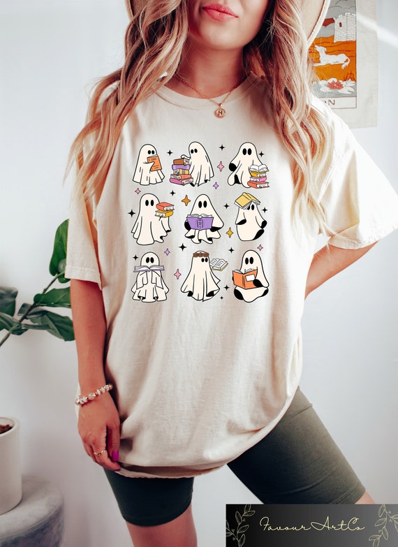 Retro Comfort Ghost Reading Books Shirt, Bookish Halloween Shirt, Teacher Librarian Halloween Gift, Halloween Book Lover, Halloween School