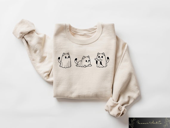 Halloween Sweatshirt, Cute Cat Sweatshirt, Cute Cat Ghost Shirt, Ghost Cat Tshirt, Spooky Season Gift, Cool Halloween Cat Shirt