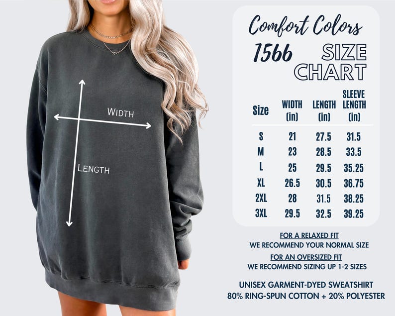 Puede incluir: Sudadera unisex te&ntilde;ida en prenda de color gris oscuro con una tabla de tallas. La tabla muestra medidas en pulgadas para el ancho, largo y largo de manga. La sudadera est&aacute; hecha de 80% algod&oacute;n hilado en anillo y 20% poli&eacute;ster.