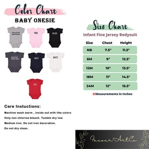 May include: Color chart for baby onesies in various colors, including athletic heather, pink, black, heather dark grey, navy, white, and red. Size chart for infant fine jersey bodysuits with measurements in inches.
