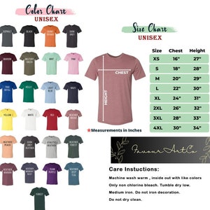 May include: Unisex t-shirt size chart with measurements in inches. The chart shows chest and height measurements for sizes XS to 4XL. The chart is on a white background with a pink t-shirt in the background.