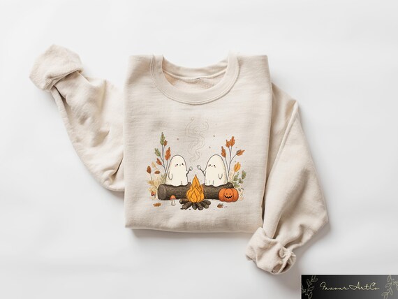 Cute Ghosts Camping Sweatshirt, Spooky Season Cute Tee, Halloween Long Sleeve Tshirt, Halloween Spooky Gift, Preppy Boo Ghost Crewneck