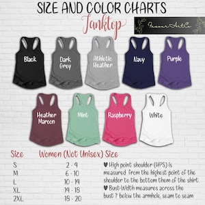 May include: Size and color chart for tank tops in various colors including black, dark grey, athletic heather, navy, purple, heather maroon, mint, raspberry, and white. The chart includes women's sizes from small to 2XL with corresponding bust measurements in inches.
