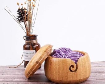 Large Bamboo Yarn Bowl Personalised Words On The Lid Knitting Bowl Holder Wool Storage Bowl, Removable High Lid Holes Yarn Storage Crochet